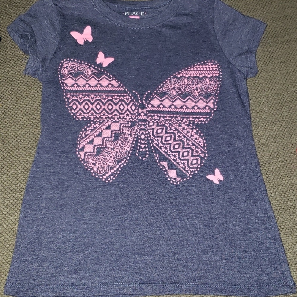 Blue short sleeve with pink butterflies